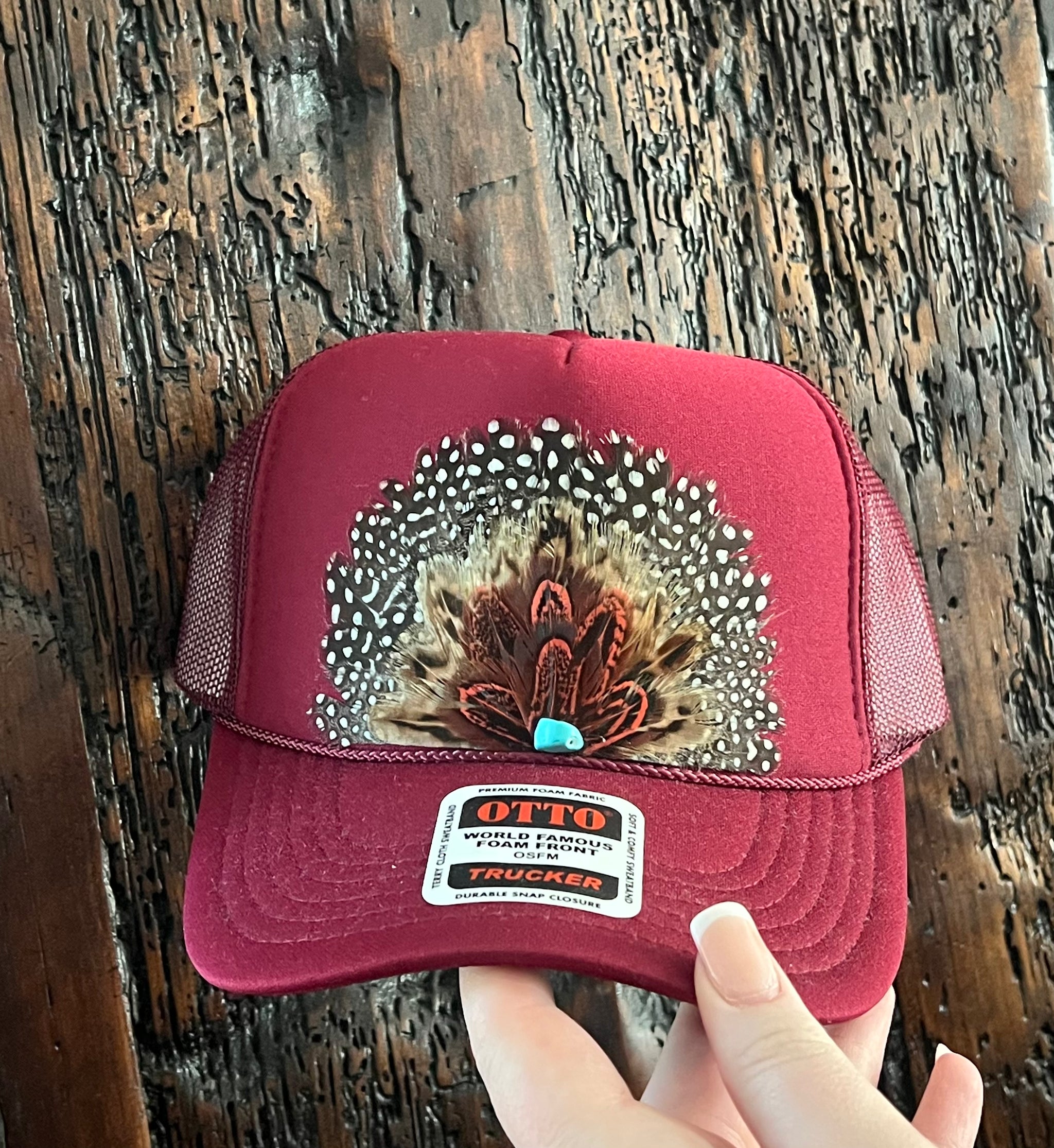 F2 Boho Feather Trucker Hat Feathered Outlaw” - Sky Blue Feather(BLK) – The Rancher Hat Co main image 2